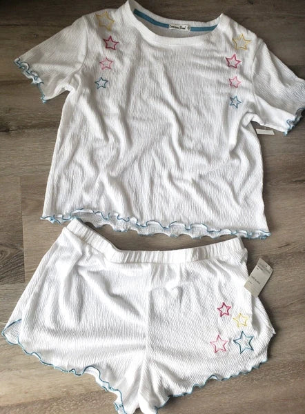 Emerson Road size XL Women tee & shorts white crinkle stars print pajama set