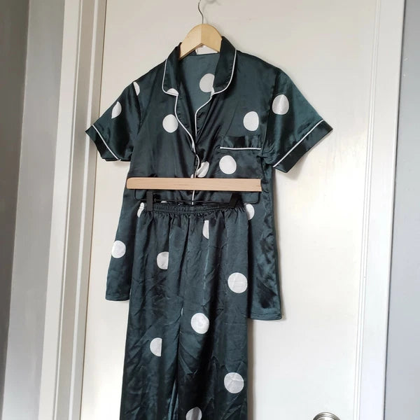 Shein Women's Size Small Silky Green White Polka Dot 2 Piece Pajama Set