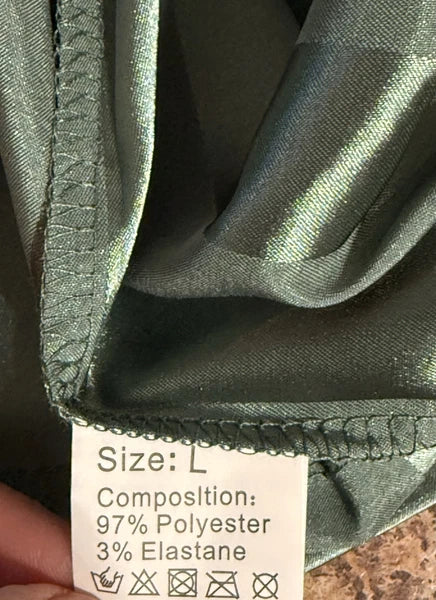 Womens Satin Feel Pajama Set Large Green Striped Contrast Binding Elastic Waist