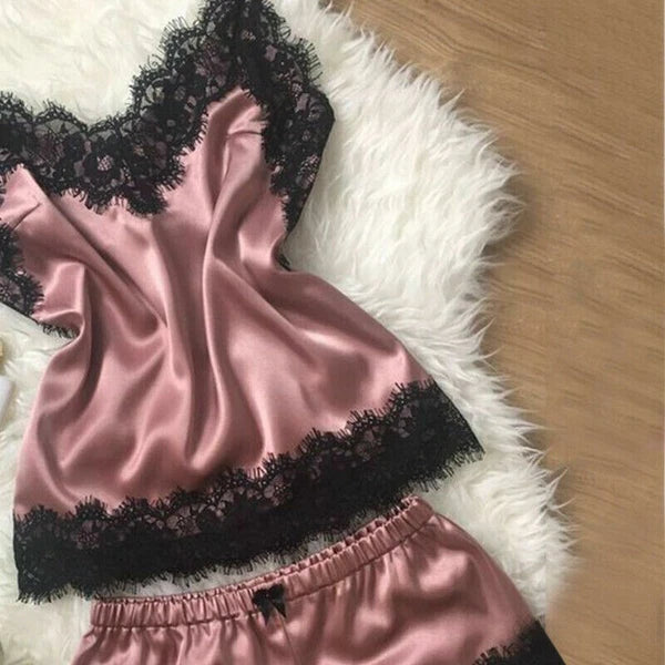 2pcs/Set Women Sexy Satin Lace Sleepwear Ladies Lingerie Nightdress Pajamas