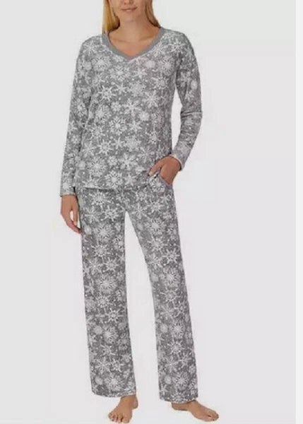 Nautica Women's Silky Stretch Fleece 2-Piece Pajama Set(GRAY/WHITE L)GENTLY USED