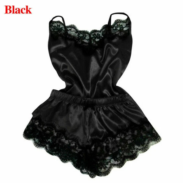 2pcs/Set Women Sexy Satin Lace Sleepwear Ladies Lingerie Nightdress Pajamas