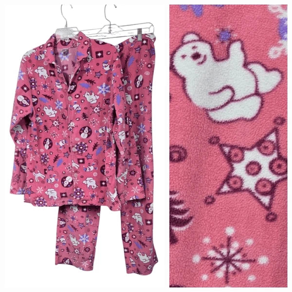 Women's Christmas Pajama 2pc Set Pink Fleece Holiday Sleep Set Sleepwear Polar