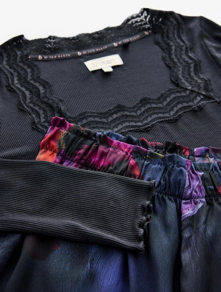 B By TED BAKER Charcoal Floral Print Jersey Rib Satin Pyjamas ~ Sz 12 ~ RRP £56
