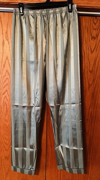 Womens Satin Feel Pajama Set Large Green Striped Contrast Binding Elastic Waist