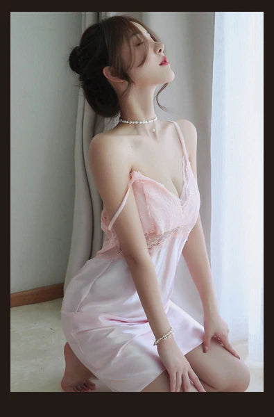 Women Sexy Suspender Pajamas Open Back Home Wear Set Hollow See-sthrough Dress-