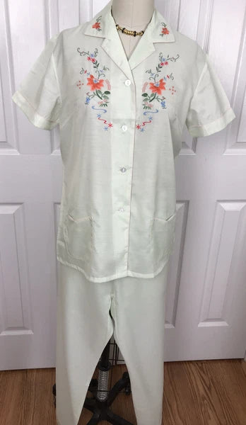 NWT FEDO ASIAN EMBROIDERED S/S PAJAMA SET/LOUNGE WEAR GREEN SIZE L