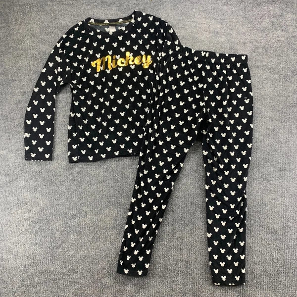 Disney Mickey Mouse Sleepwear Womens XS Black Stretch Pajama Top Pants Set