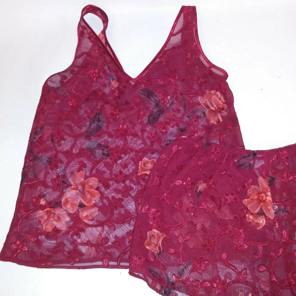 Warners Pajama Set Shorts & Tank Top Medium Burgundy Red Sheer Floral Sleeveless