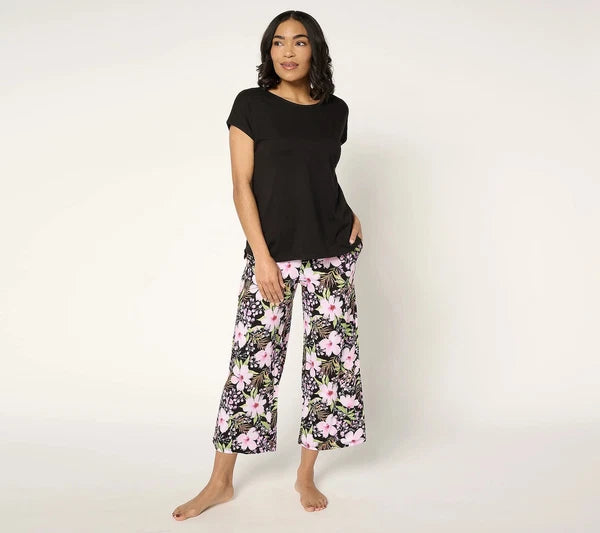 Stan Herman Wildflower Print Cotton Rayon Lounge Set Black 1X New