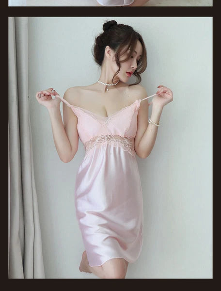 Women Sexy Suspender Pajamas Open Back Home Wear Set Hollow See-sthrough Dress-