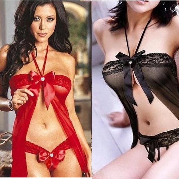 Women Lady Sleepwear Lingerie Bows Babydoll G-String Nightwear