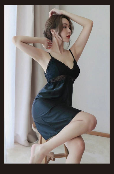 Women Sexy Suspender Pajamas Open Back Home Wear Set Hollow See-sthrough Dress-