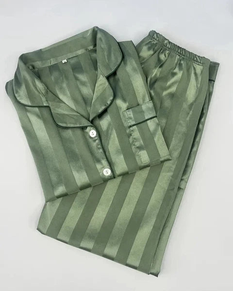 Womens Satin Feel Pajama Set Large Green Striped Contrast Binding Elastic Waist