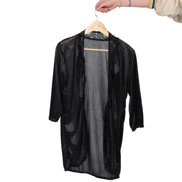 Women's Kimono Robe Lace Trim Pajama Set V-Neck Sleepwear Lace Lingeries Set