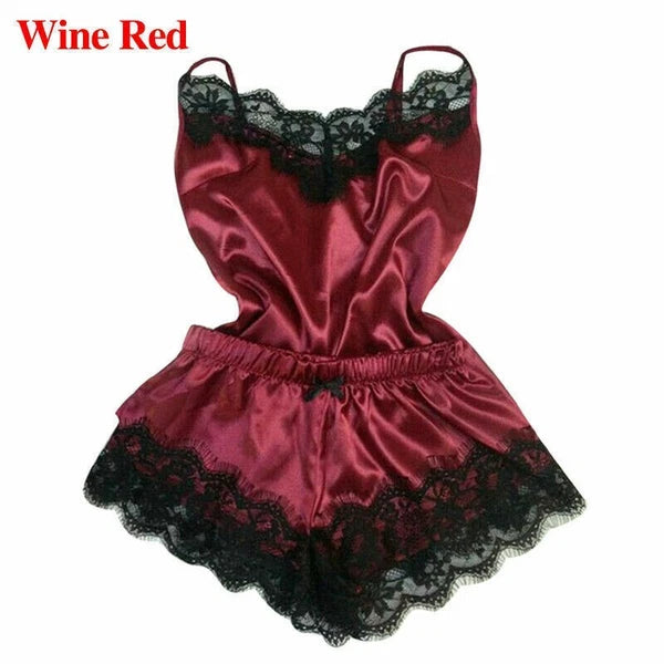 2pcs/Set Women Sexy Satin Lace Sleepwear Ladies Lingerie Nightdress Pajamas