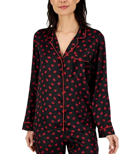 I.N.C. International Concepts Satin Notch Collar Pajama Set, Kissed Lips , XS