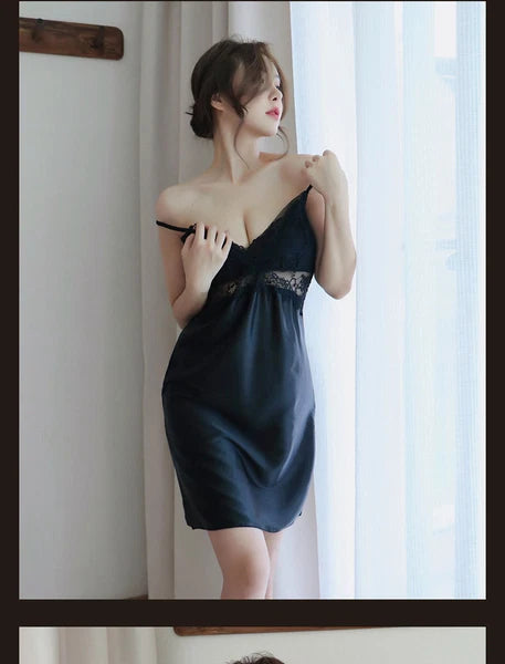 Women Sexy Suspender Pajamas Open Back Home Wear Set Hollow See-sthrough Dress-