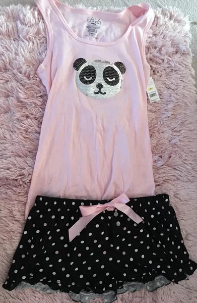 Lala Sleepwear Sequin Panda Pjs Tank Top & Shorts Pink Size:M NEW