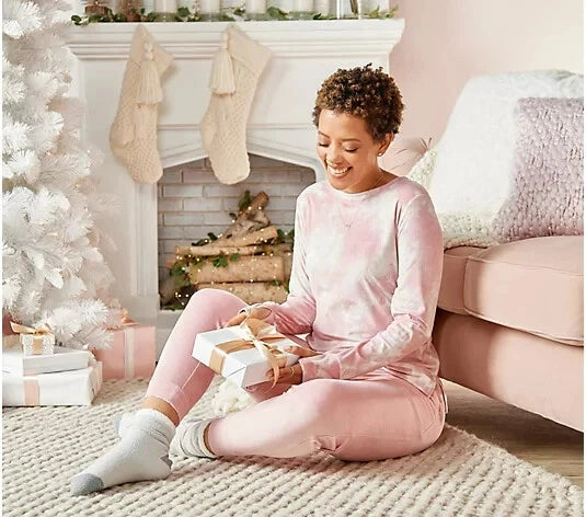 Cuddl Duds Soft Velour Fireside Lounge Set-Sft Pink Tie Dye-Petite Med-A460788
