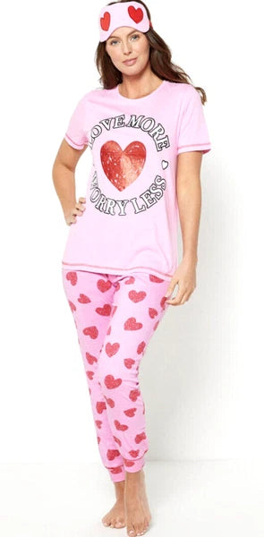 New Womens Love More Pyjama & Eye Mask Set Pink Size UK 20/22