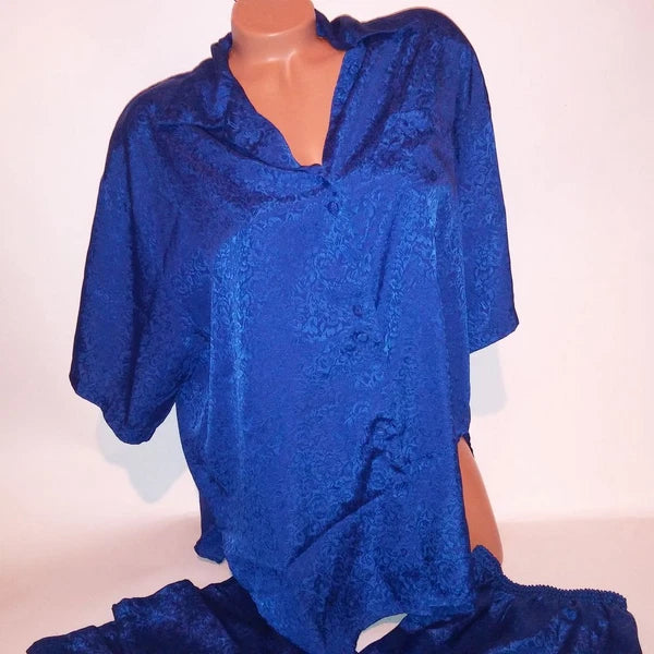Sarah Spencer Pajama Set Sleepwear Top & Bottom Medium Blue Button Up Pants