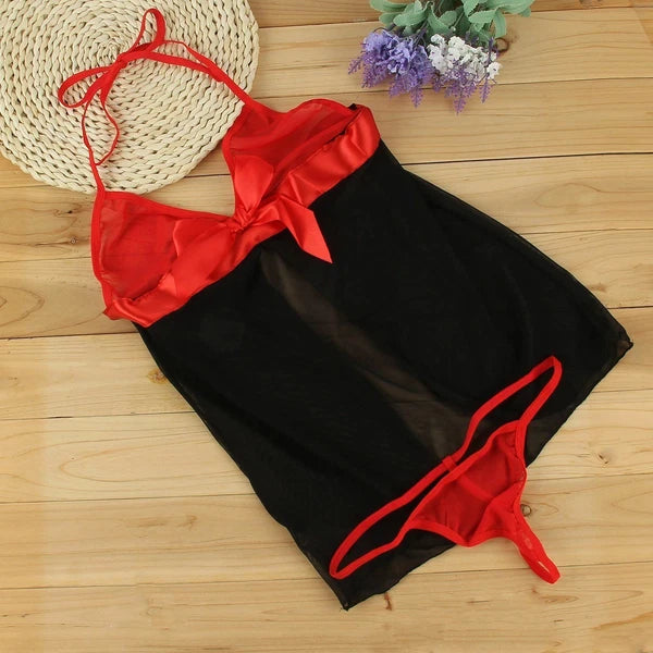 Sexy Lingerie Women Bow Open Front Babydoll Halter Nightgown Sleedress G-string