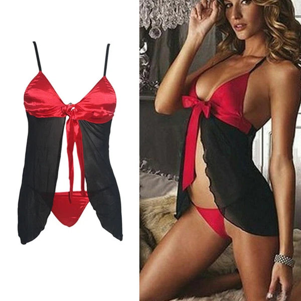 Sexy Lingerie Women Bow Open Front Babydoll Halter Nightgown Sleedress G-string