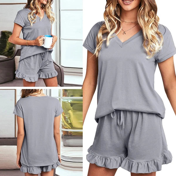Summer Women Shorts and Pajama Set Short Sleeve T-shirt Pajamas V Neck