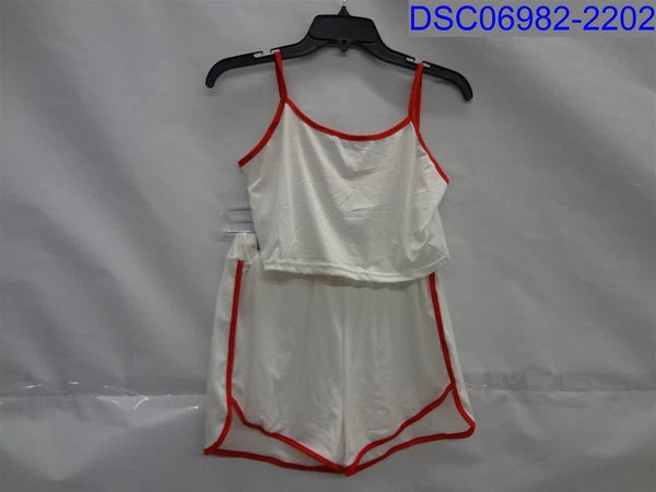 Womens XL White and Red Trim Tank Crop Top and Shorts Pajama Set