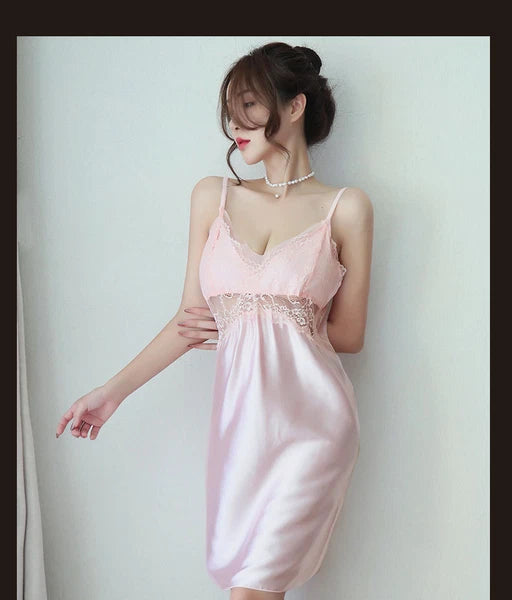 Women Sexy Suspender Pajamas Open Back Home Wear Set Hollow See-sthrough Dress-