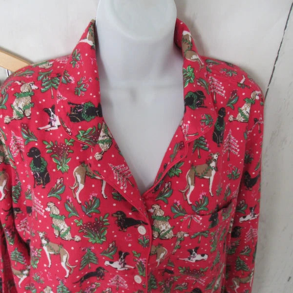 Lands End Pajamas Set L  Red Flannel Dog Dachshund Poodle Pants Top Long Sleeve