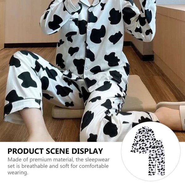 1 Set Women Long Sleeve Sleepwear Long Pants Home Cow Pattern Pajamas (L)