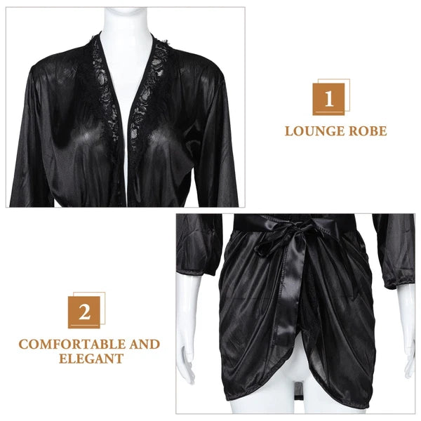 Women's Kimono Robe Lace Trim Pajama Set V-Neck Sleepwear Lace Lingeries Set