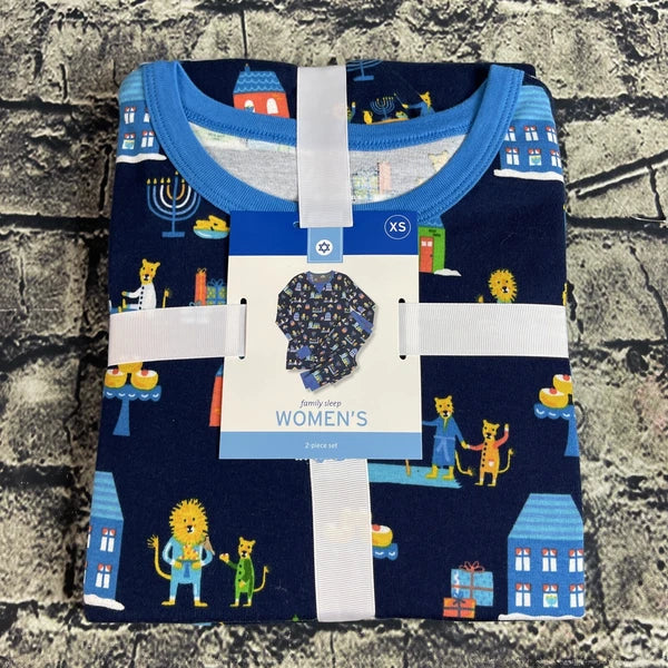 Family Sleep Women's XS Blue Pajama Set Hanukkah Menorah Dreidel Lion