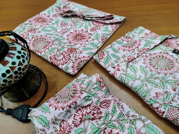 100% pure cotton hand block printed night suit, perfect for summer while sipping