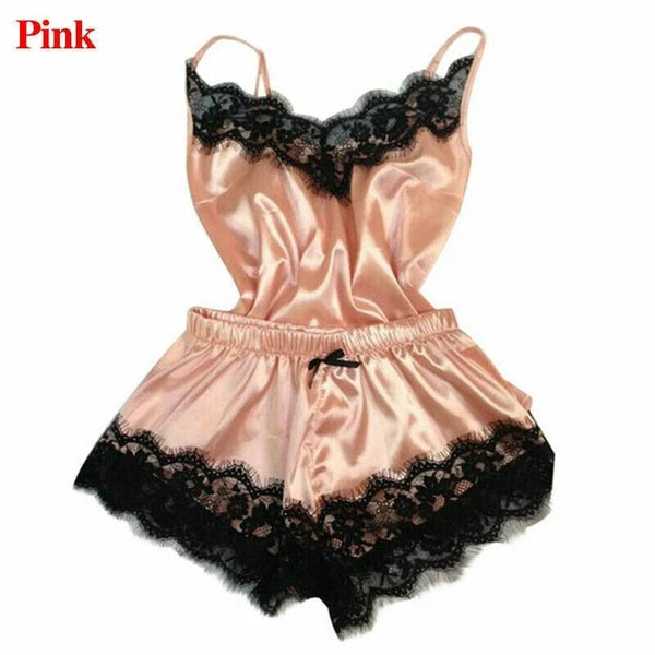 2pcs/Set Women Sexy Satin Lace Sleepwear Ladies Lingerie Nightdress Pajamas