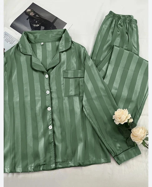 Womens Satin Feel Pajama Set Large Green Striped Contrast Binding Elastic Waist