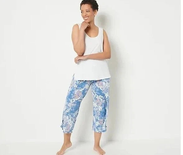 Breezies Knit Solid Top and Printed Crop Sleep Set Pearl/BleFloral XX-Small