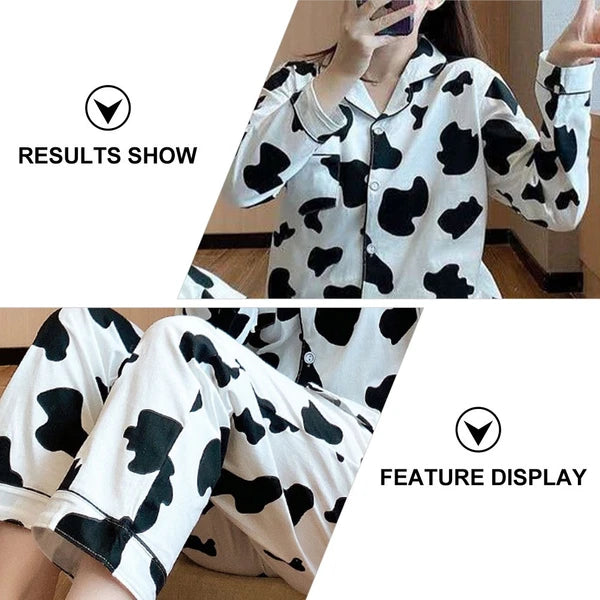 1 Set Women Long Sleeve Sleepwear Long Pants Home Cow Pattern Pajamas (XL)