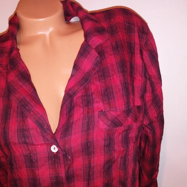 Victoria Secret Pajama Set Large Top & Bottom Red Black Plaid Button Up New
