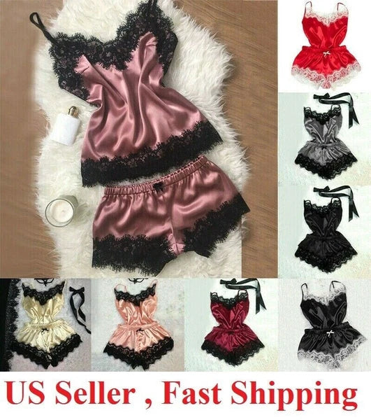 2pcs/Set Women Sexy Satin Lace Sleepwear Ladies Lingerie Nightdress Pajamas