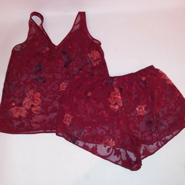 Warners Pajama Set Shorts & Tank Top Medium Burgundy Red Sheer Floral Sleeveless
