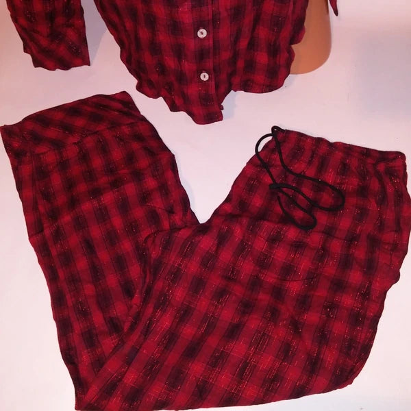 Victoria Secret Pajama Set Large Top & Bottom Red Black Plaid Button Up New