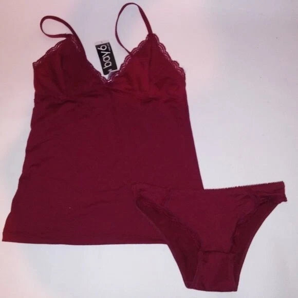 Bay 6 Set Camisole & Panty Small Burgundy Red Solid Lace Trim Sleepwear New