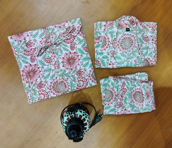 100% pure cotton hand block printed night suit, perfect for summer while sipping