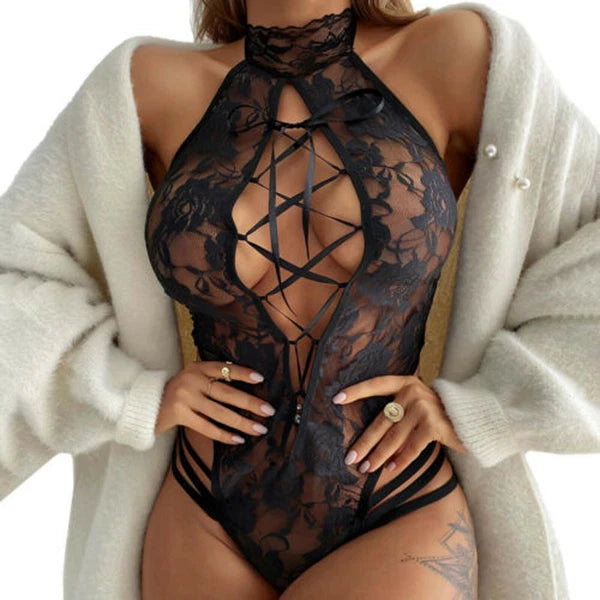 Sexy Lingerie Hollow Lace Straps See-through Jumpsuit Cat Girl Erotic Lingerie