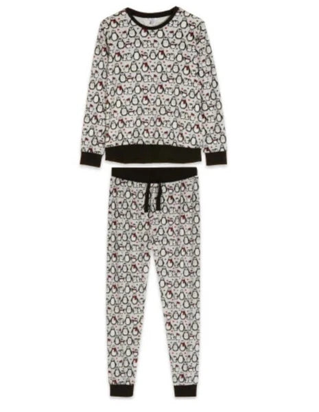 M&Co Grey Penguin Fleece Pyjamas Women Christmas Gift Warm Cosy UK 8-10 £28