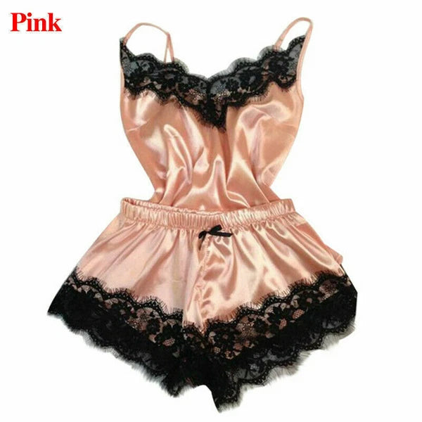 2pcs/Set Women Sexy Satin Lace Sleepwear Ladies Lingerie Nightdress Pajamas