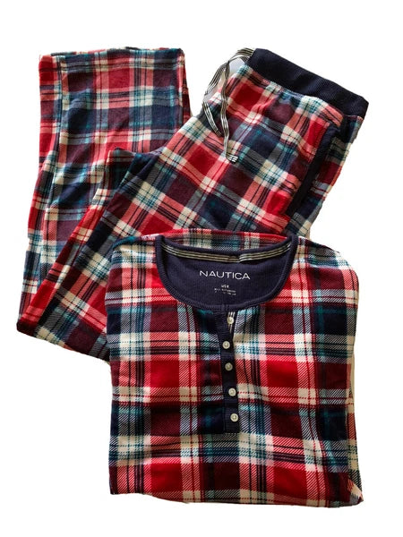 Nautica Women’s Two Piece Pajama Set Super Soft Fleece Sleepwear PJ Small EUC